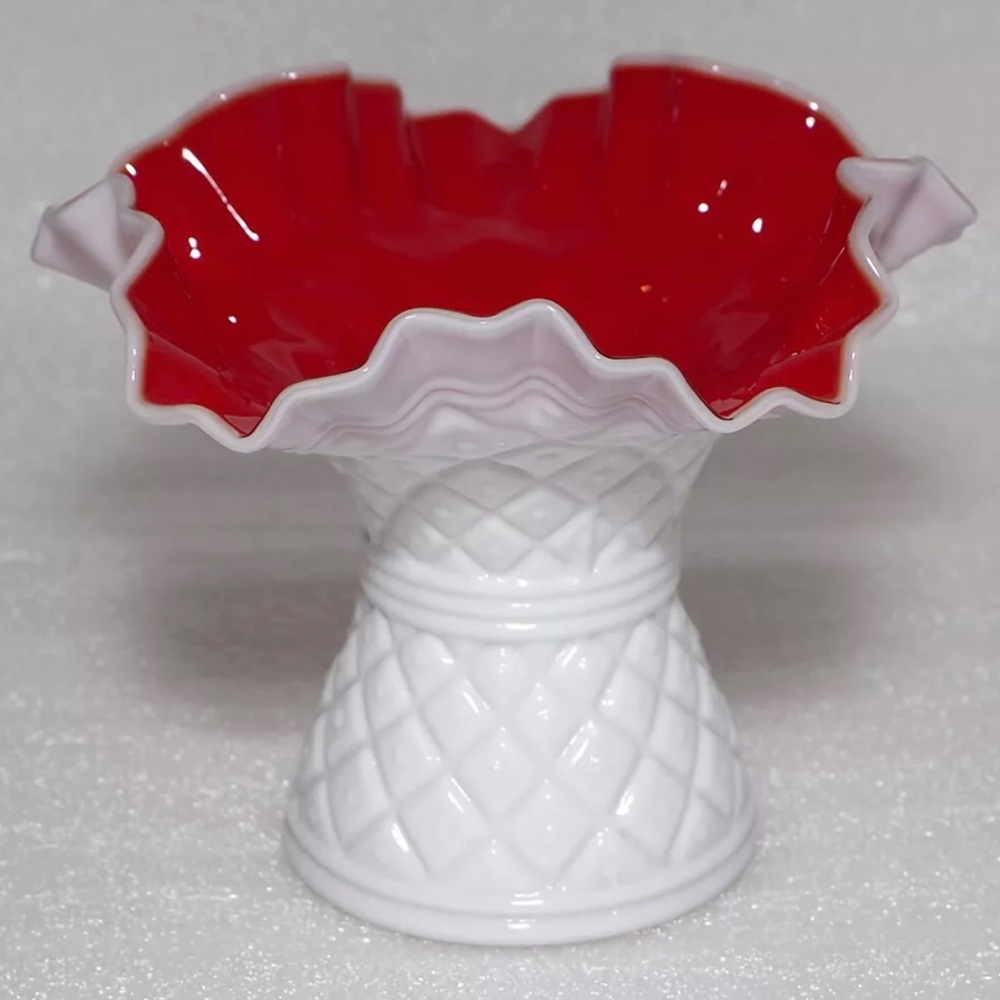 Vintage Kanawha Hobnail Red&White Milk Glass Vase Diamond Dot Pattern